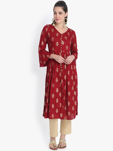 

Color Cocktail Women Maroon & Gold-Coloured Printed A-Line Kurta