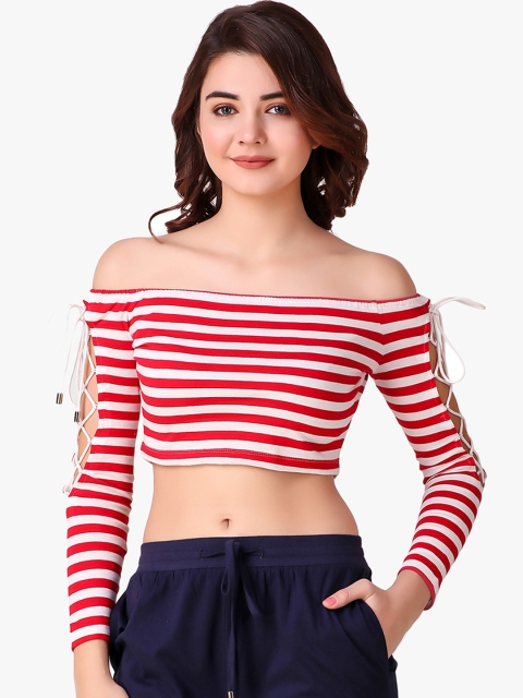

Texco Women Red Striped Bardot Top