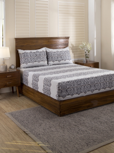 

MASPAR Off-White & Grey Ethnic Motifs 210 TC Cotton 1 Queen Bedsheet with 2 Pillow Covers