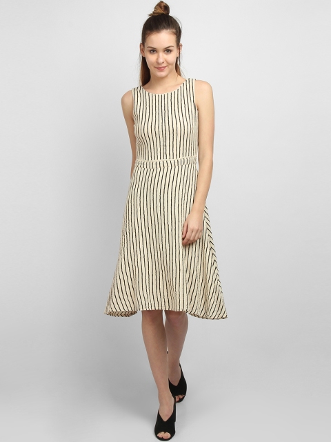 

LA LOFT Women Cream-Coloured Striped Fit and Flare Dress