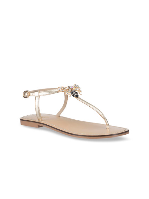 

Saint G Women Gold-Toned Solid Leather T-Strap Flats