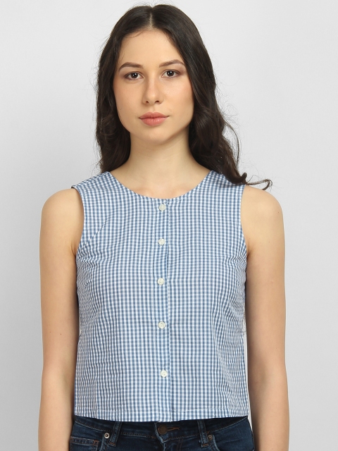 

LA LOFT Women White & Blue Checked Styled Back Top