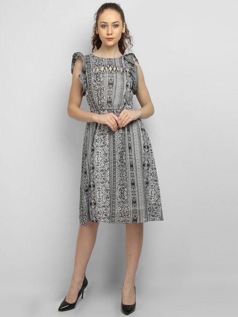 

LA LOFT Women Black Printed Fit and Flare Dress