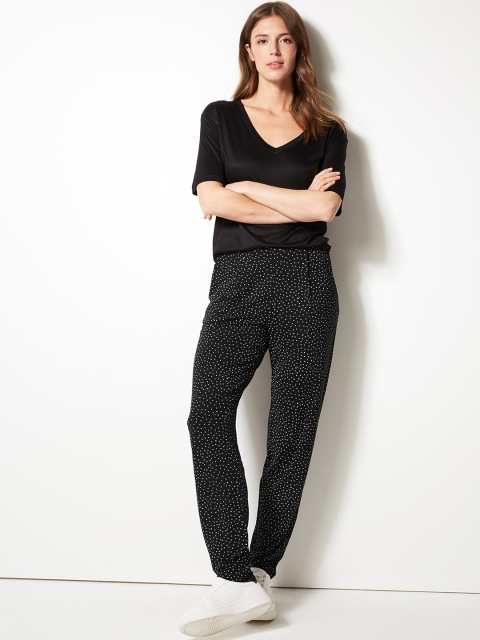 

Marks & Spencer Women Black & Off-White Regular Fit Printed Regular Trousers