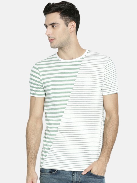 

Breakbounce Men Green Striped Round Neck T-shirt