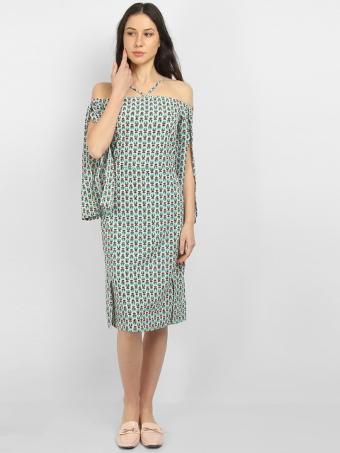 

LA LOFT Women Green & Brown Printed A-Line Dress
