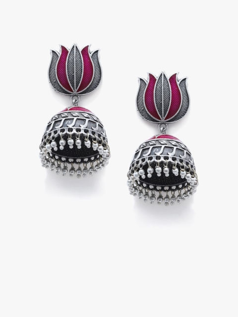 

Fabstreet Silver-Toned & Pink Dome Shaped Jhumkas