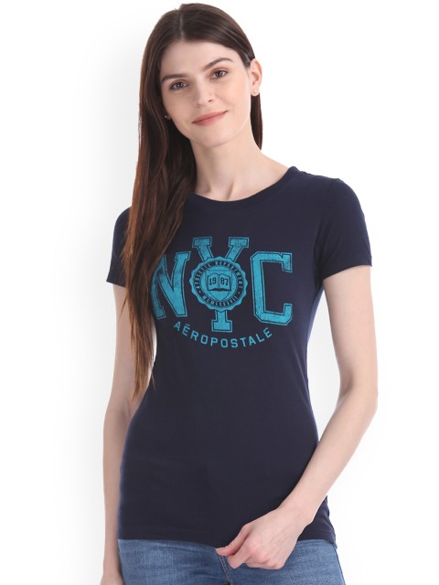 

Aeropostale Women Navy Blue Printed Round Neck T-shirt