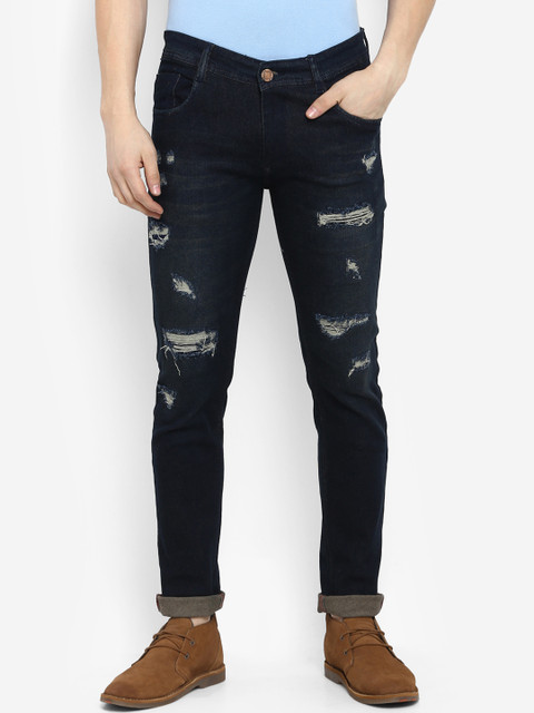 

Routeen Men Navy Blue Slim Fit Mid-Rise Highly Distressed Stretchable Jeans