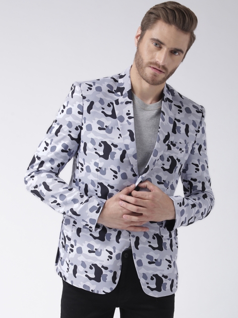 

Hangup Men Blue & Grey Printed Regular-Fit Single-Breasted Blazer, White