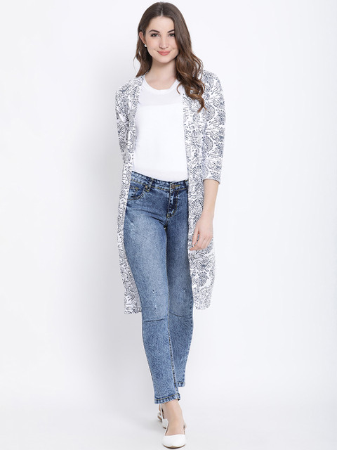 

WISSTLER White & Navy Blue Printed Open Front Longline Shrug