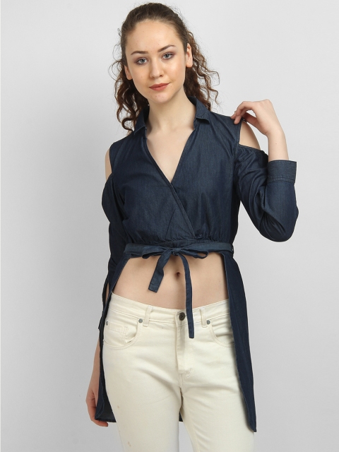 

LA LOFT Women Navy Blue Solid Denim Wrap Pure Cotton Top