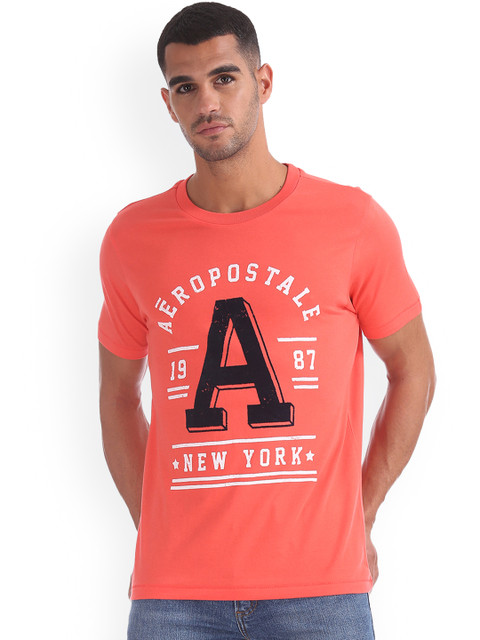 

Aeropostale Men Coral Pink Printed Round Neck Pure Cotton T-shirt