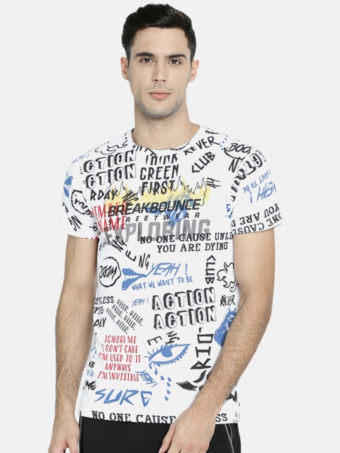

Breakbounce Men White Printed Round Neck T-shirt