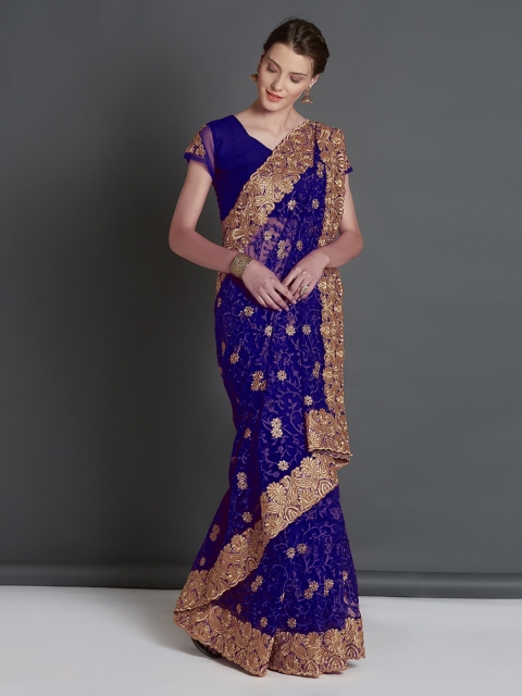 

Mitera Navy Blue & Beige Net Embroidered Saree