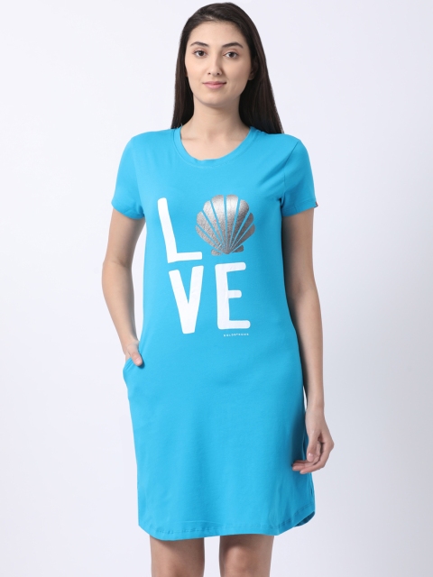 

GOLDSTROMS Women Turquoise Blue Printed A-Line Dress