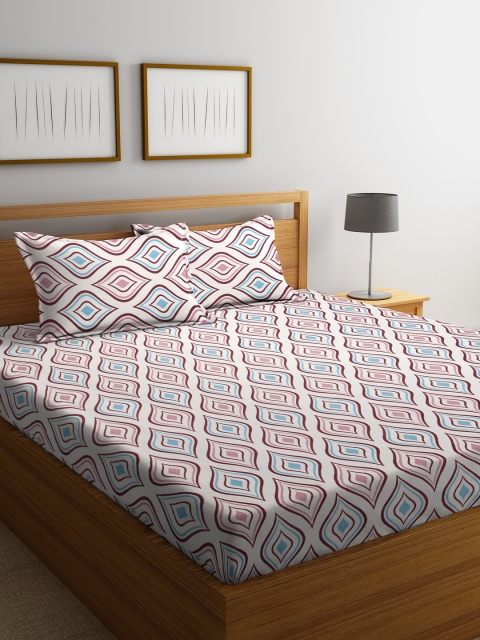 

RANGRAGE Off-White & Purple Geometric Flat 144 TC Cotton 1 King Bedsheet with 2 Pillow Covers