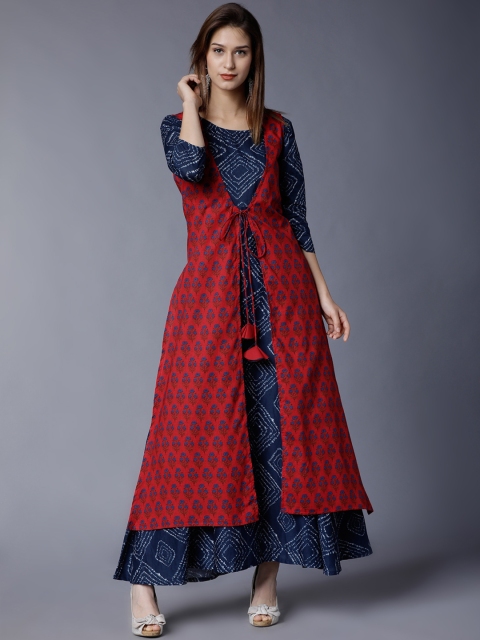 

Vishudh Women Navy Blue Printed Maxi Dress With Jacket