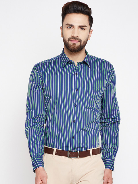 

Hancock Men Navy Blue & Green Slim Fit Striped Formal Shirt