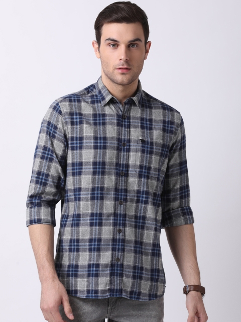 

THE BEAR HOUSE Men Grey & Blue Slim Fit Checked Casual Shirt
