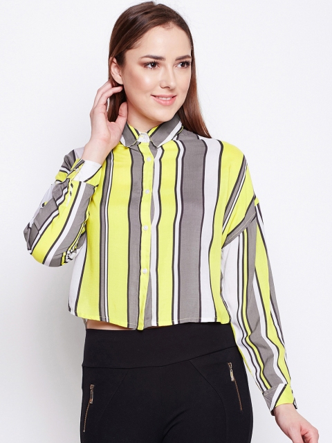 

Oxolloxo Women Yellow & Green Regular Fit Striped Casual Crop Shirt