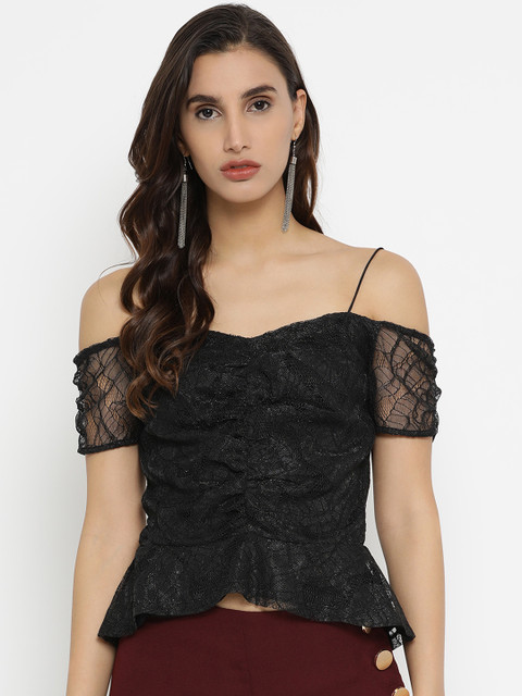 

Kazo Women Black Self Design Peplum Top