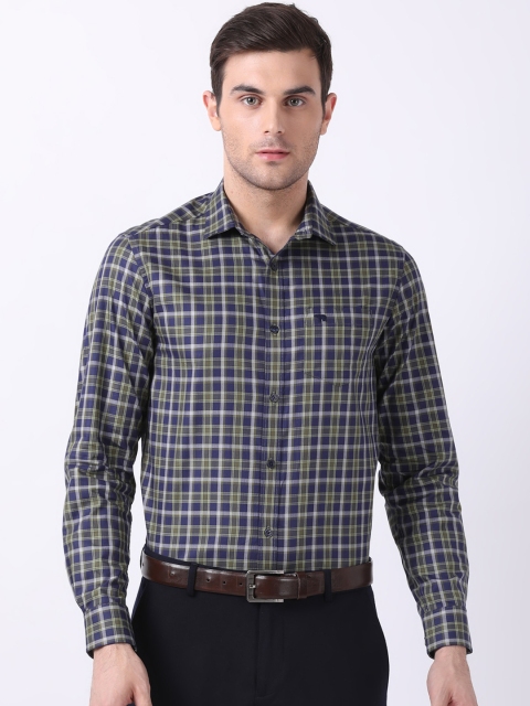 

THE BEAR HOUSE Men Blue & Green Slim Fit Checked Formal Shirt