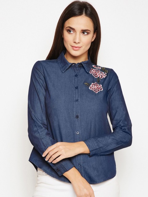 

Oxolloxo Women Navy Blue Regular Fit Solid Casual Shirt