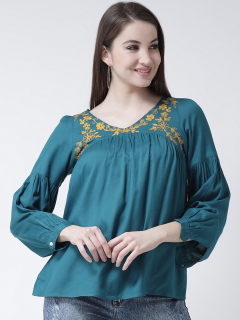 

The Vanca Women Teal Blue Solid A-Line Top
