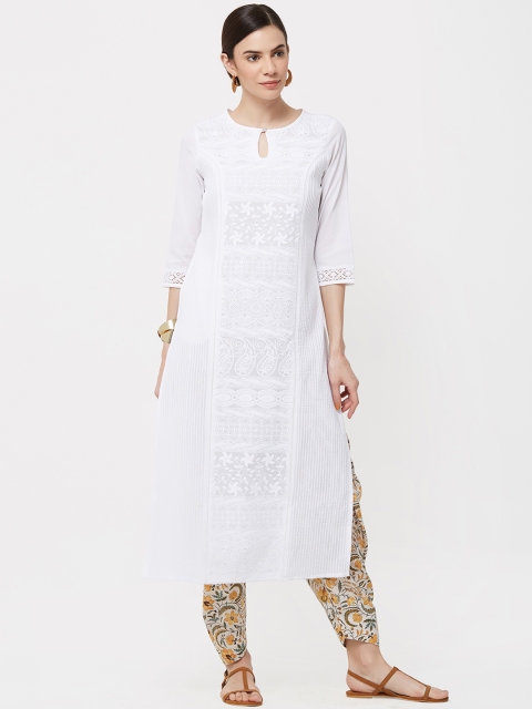 

NAARI Women White Embroidered Straight Pure Cotton Kurti