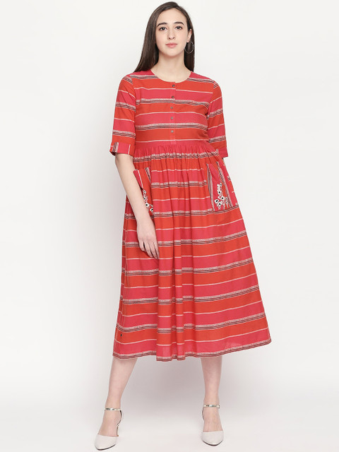 

AKKRITI BY PANTALOONS Women Red Striped A-Line Dress