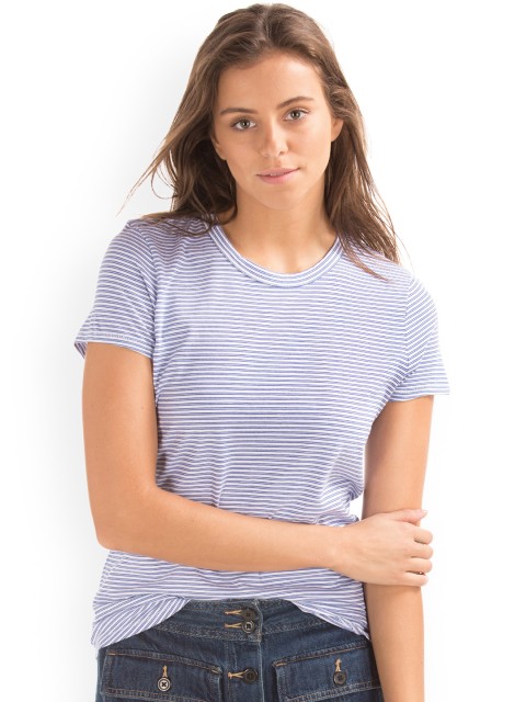 

GAP Women White Striped T-Shirt