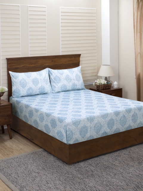 

MASPAR Blue & White Geometric 400 TC Cotton 1 King Bedsheet with 2 Pillow Covers
