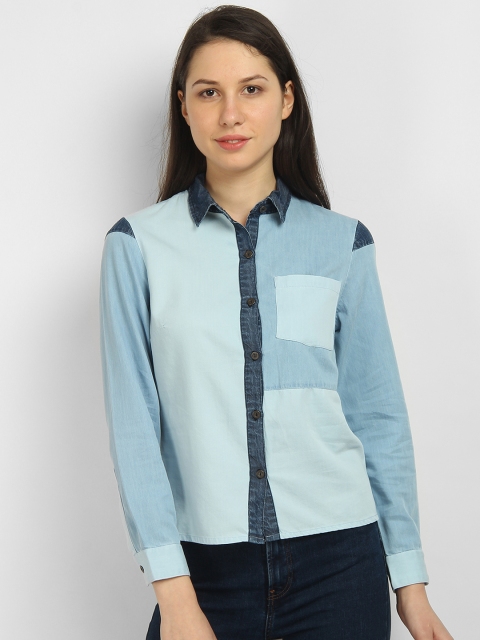 

LA LOFT Women Blue Regular Fit Colourblocked Denim Casual Shirt