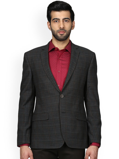 

Park Avenue Men Green Checked Slim Fit Single-Breasted Formal Blazer