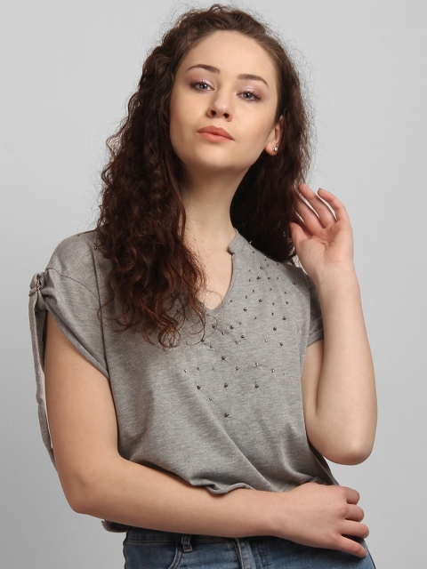 

LA LOFT Women Grey Solid Mandarin Collar T-shirt