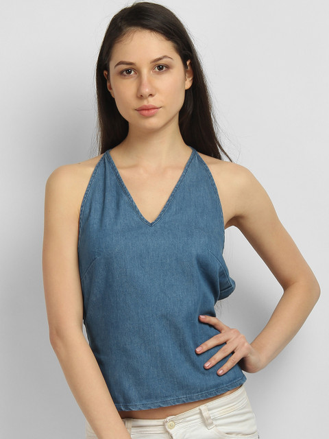 

LA LOFT Women Blue Solid Top