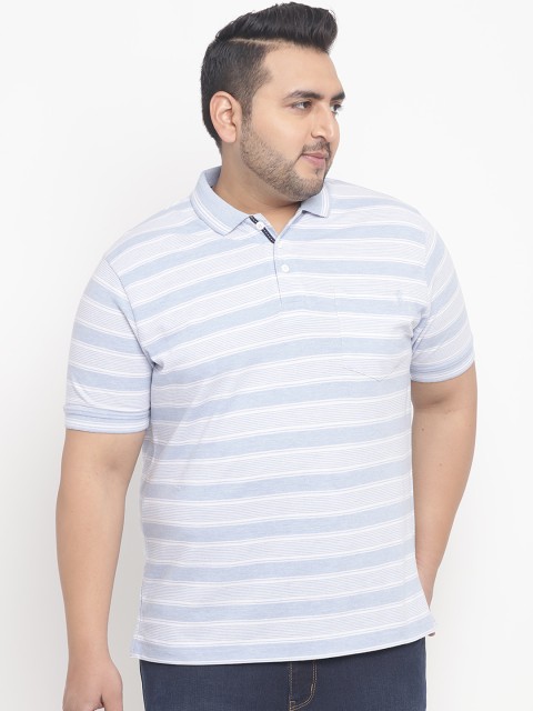 

John Pride Plus Size Men Blue White Striped Polo Collar T-shirt