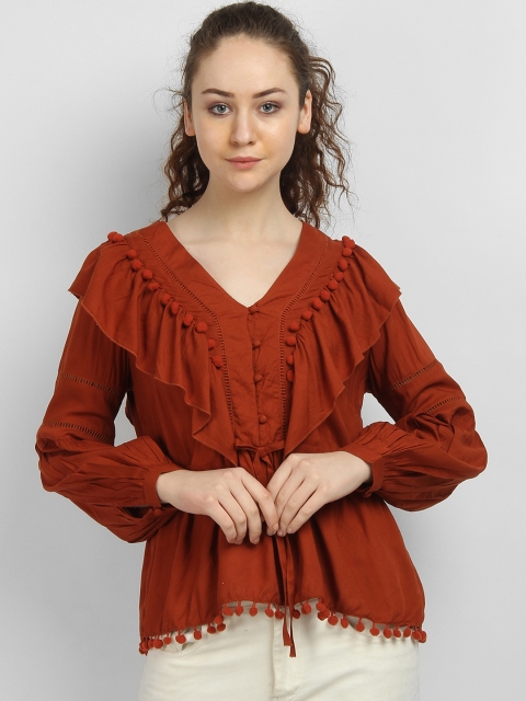 

LA LOFT Women Rust Brown Solid Cinched Waist Top