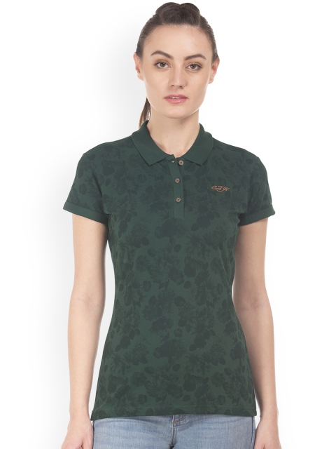 

Ed Hardy Women Green Printed Polo Collar T-shirt