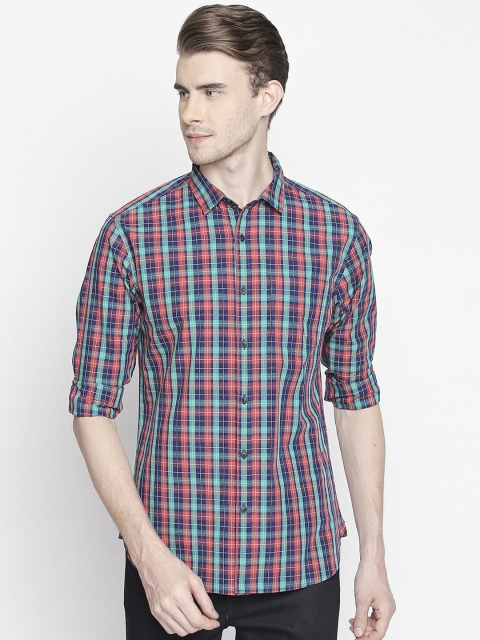 

BYFORD by Pantaloons Men Coral Pink & Navy Blue Slim Fit Checked Casual Shirt