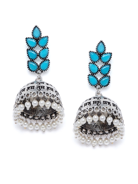 

PANASH Silver-Plated & Turquoise Blue Handcrafted Dome Shaped Jhumkas