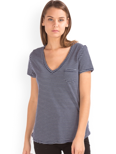 

GAP Women Blue Striped V-Neck T-shirt