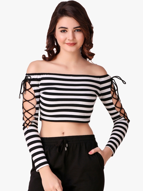 

Texco Women Black & White Striped Bardot Crop Top