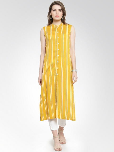 

Jompers Women Mustard Yellow Striped Straight Kurta