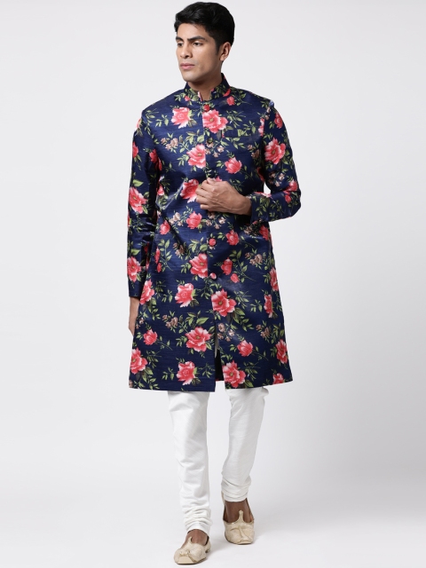 

Svanik Men Navy Blue & Pink Floral Printed Sherwani