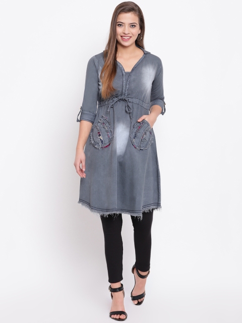 

Kvsfab Women Grey Solid A-Line Denim Kurta