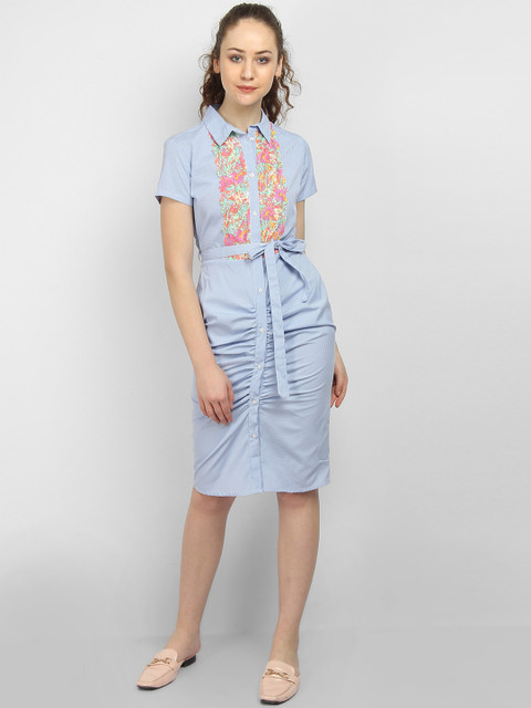 

LA LOFT Women Blue Striped Shirt Dress