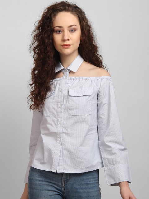 

LA LOFT Women Grey & Off-White Regular Fit Striped Casual Shirt