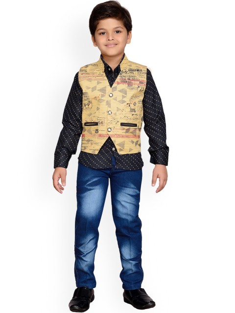 

Kidling Boys Black & Beige Printed Shirt with Jeans & Waistcoat